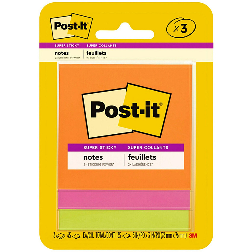 Post-it&reg; Super Sticky Note Pads - Energy Boost Color Collection 135 - 3" Flag/Note Width x 3" Flag/Note Length - Square - 45 Sheets per Pad - Unruled - Vital Orange, Tropical Pink, Limeade - Paper - Self-adhesive - 3 / Pack (3321SSAU)
