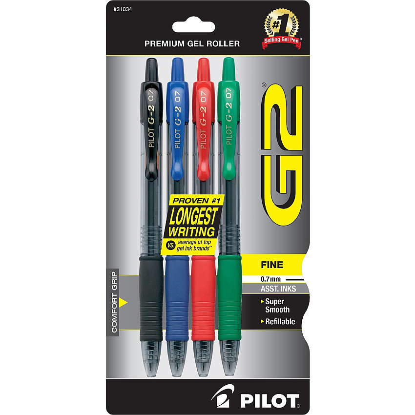 Pilot G2 Retractable Gel Ink Rollerball Pens 0.7 mm Fine Pen Point - Refillable - Retractable - Assorted Ink - Gel-based - 4 / Pack (31034)