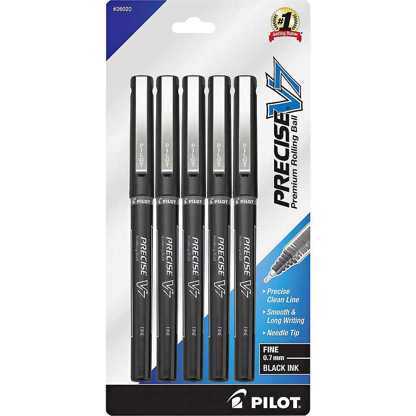 Pilot Precise V7 Fine Premium Capped Rolling Ball Pens 0.7 mm Fine Pen Point - Black Ink - Black Barrel - 5 / Pack (26020)