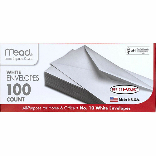Mead Plain White Envelopes Business - #10 - 4 1/8" Width x 9 1/2" Length - Gummed - White - 100 / Box (75064)
