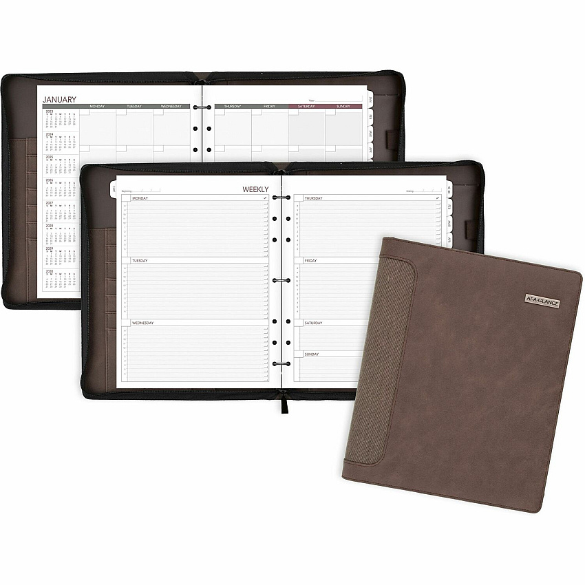 Day Runner Harrison Day Planner 1 Year - 8 1/2" x 11" Sheet Size - 3-ring - Brown - Card Slot, Business Card Holder, Pen Loop, Pocket, Notepad, Phone Directory, Pouch - 1 Each (3070304)