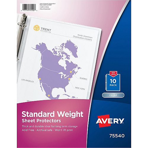 Avery&reg; Standard Weight Sheet Protectors 10 x Sheet Capacity - For Letter 8 1/2" x 11" Sheet - 3 x Holes - Ring Binder - Top Loading - Rectangular - Semi Clear - Polypropylene - 10 / Pack (75540)