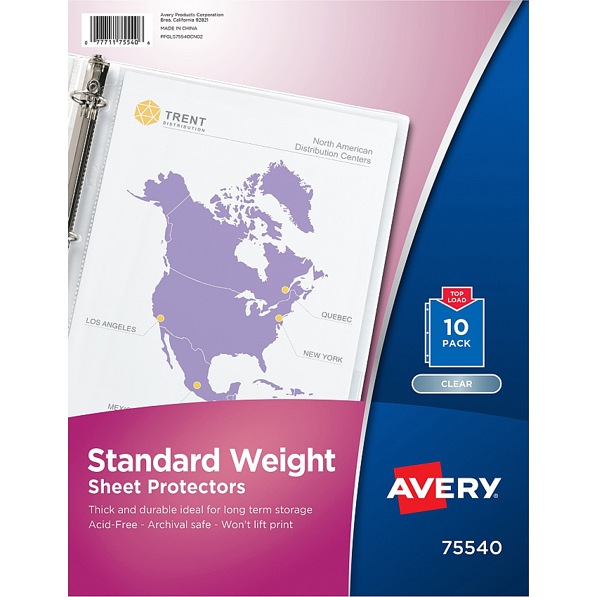 Avery&reg; Standard Weight Sheet Protectors 10 x Sheet Capacity - For Letter 8 1/2" x 11" Sheet - 3 x Holes - Ring Binder - Top Loading - Rectangular - Semi Clear - Polypropylene - 10 / Pack (75540)