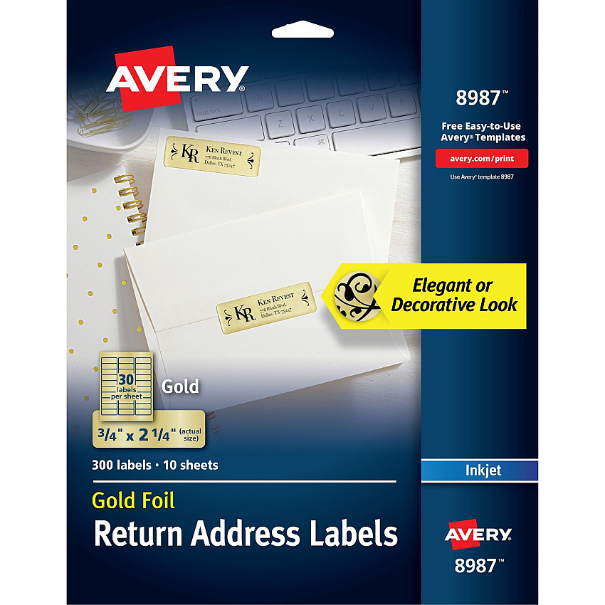 Avery&reg; Foil Mailing Labels 3/4" Height x 2 1/4" Width - Permanent Adhesive - Rectangle - Inkjet - Gold - Paper, Foil - 30 / Sheet - 10 Total Sheets - 1500 Total Label(s) - 300/Pack - 5 / Carton (08987)
