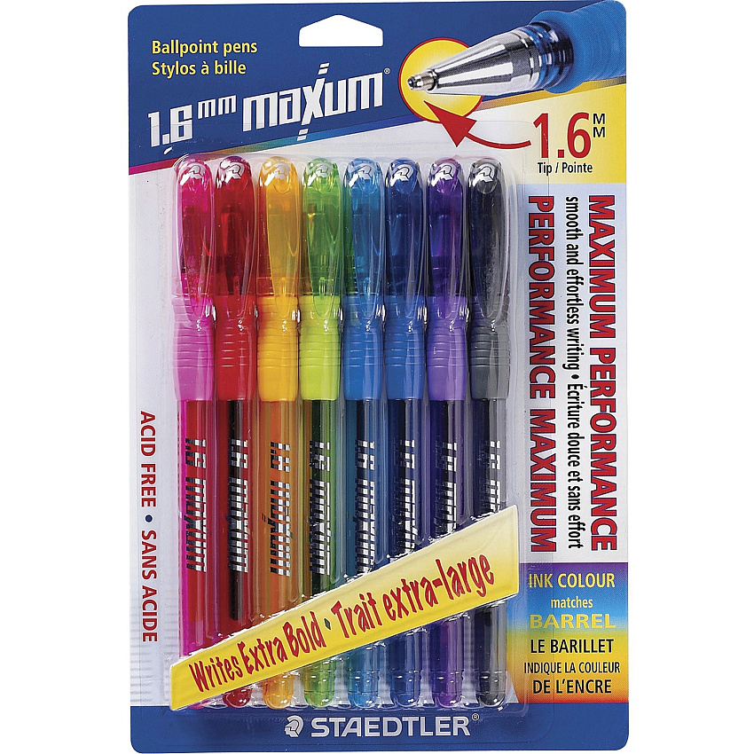 Staedtler Maxum 1.6mm Tip Ballpoint Pens Thick, Bold Pen Point - 1.6 mm Pen Point Size - Assorted - Clear Rubber Barrel - 8 / Pack (9824BBK8)