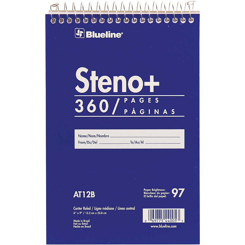 Blueline White Paper Wirebound Steno Pad 350 Sheets - Wire Bound - Front Ruling Surface - 6" x 9" Sheet Size - White Paper - Cardboard Cover - Stiff-cover - 1 Each (AT12B)