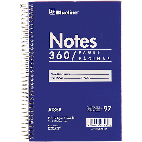 Blueline White Paper Wirebound Steno Pad 360 Sheets - Spiral - Front Ruling Surface - 9" x 6" Sheet Size - White Paper - Blue Cardboard Cover - Flexible Cover - 1 Each (AT35B)