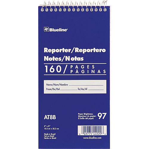 Blueline Reporter Notebook 160 Sheets - Spiral - 4" x 8" Sheet Size - White Cover - 1 Each (AT8B)