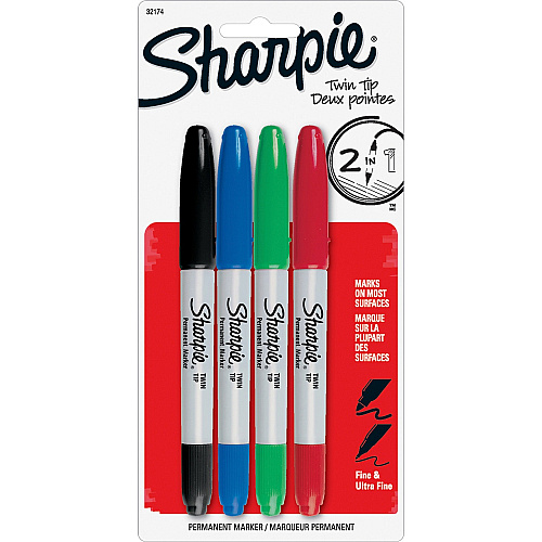 Sharpie Twin Tip Permant Maker 1 mm Ultra Fine, 0.3 mm Fine Marker Point - Black, Red, Blue, Green Ink - Alcohol Based - 4 / Set (32174PP)