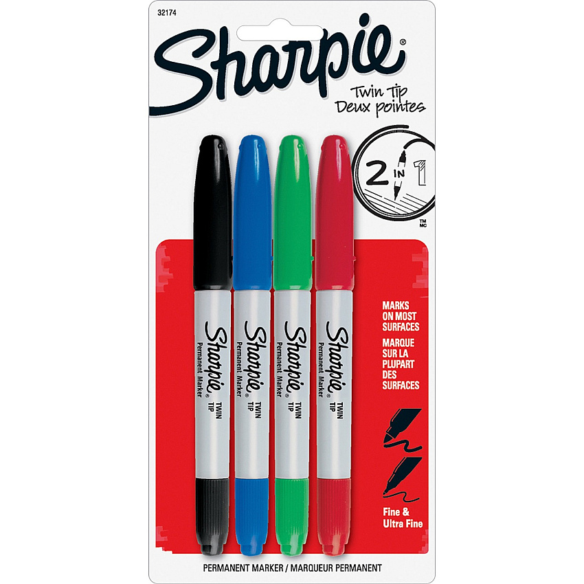Sharpie Twin Tip Permant Maker 1 mm Ultra Fine, 0.3 mm Fine Marker Point - Black, Red, Blue, Green Ink - Alcohol Based - 4 / Set (32174PP)