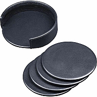 Dacasso Coaster with Holder 4 Coaster of 4" Diameter - Circle - Black - Leather - 1Each - 1 Each (A1045)