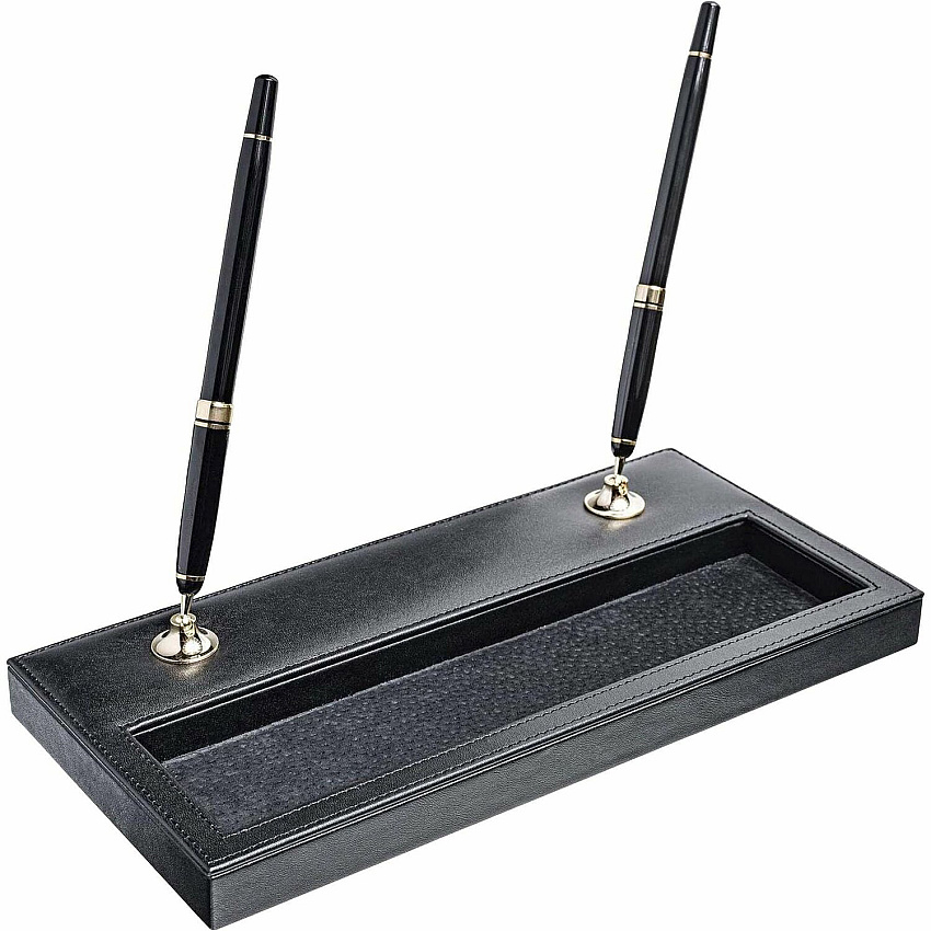 Dacasso Double Pen Stand with Gold Accent 1" Height x 11.1" Width x 5.4" Length - Leather - Black - 1 Each (A1004)