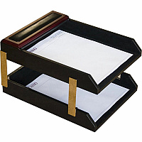Dacasso Rosewood & Leather Double Letter Trays 7.25" Height x 10.50" Width x 13.75" Depth - Desktop - Black - Wood, Leather - 1 Each (A8020)