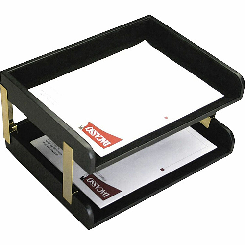 Dacasso Two Side Load Letter Trays With Gold Posts 7.75" Height x 10.60" Width x 15.25" Length - Desktop - Black - Leather - 1 Each (A1072)