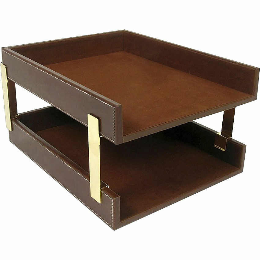 Dacasso Front Load Letter Tray With Gold Posts 7.75" Height x 10.60" Width x 15.25" Length - Desktop - Brown - Leather - 1 Each (A3220)