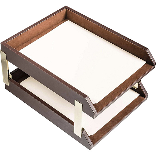 Dacasso Front Load Double Letter Tray 2" Height x 10.50" Width x 13.75" Length - Desktop - Chocolate - Leather - 1 Each (A3420)