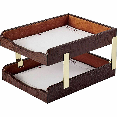 Dacasso Double Front Load Trays 2" Height x 10.50" Width x 13.75" Length - Desktop - Brown - Leather - 1 Each (A2020)