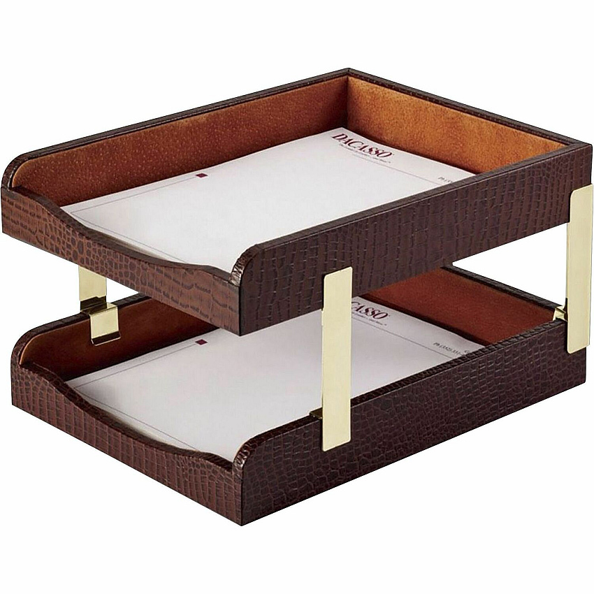 Dacasso Double Front Load Trays 2" Height x 10.50" Width x 13.75" Length - Desktop - Brown - Leather - 1 Each (A2020)