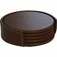 Dacasso Coaster Set with Holder 4 Coaster of 4" Diameter - Circle - Brown - Leather - 1Each - 1 Each (A3245)