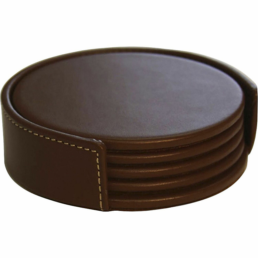Dacasso Coaster Set with Holder 4 Coaster of 4" Diameter - Circle - Brown - Leather - 1Each - 1 Each (A3245)