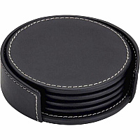 Dacasso Coaster Set with Holder 4 Coaster - Circle - Black - Leather - 1Each - 1 Each (A1245)