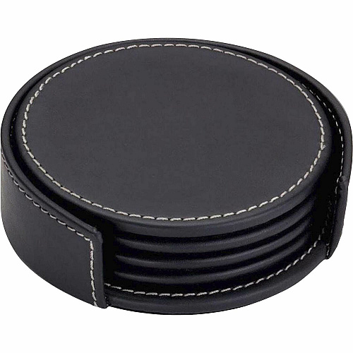 Dacasso Coaster Set with Holder 4 Coaster - Circle - Black - Leather - 1Each - 1 Each (A1245)