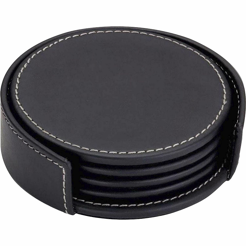 Dacasso Coaster Set with Holder 4 Coaster - Circle - Black - Leather - 1Each - 1 Each (A1245)