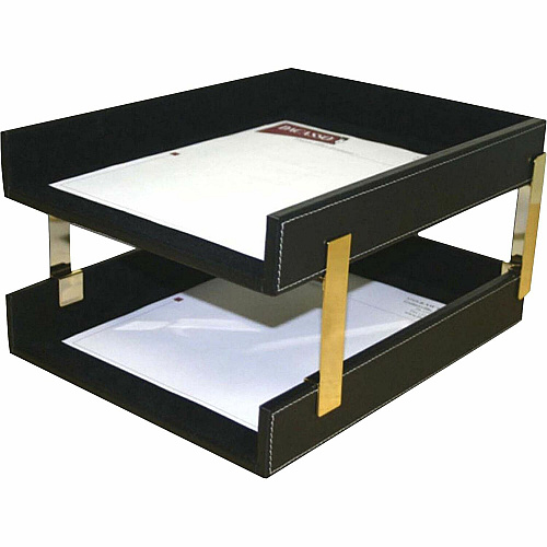 Dacasso Double Front Load Stacking Letter Tray 2" Height x 10.60" Width x 13.75" Length - Desktop - Black - Leather - 1 Each (A1220)