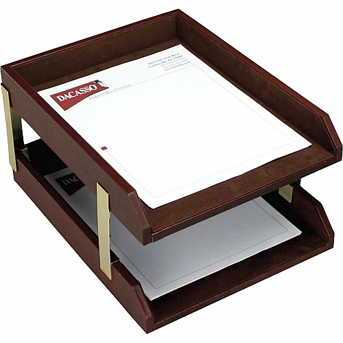 Dacasso Double Front Load Letter / Legal Trays 2" Height x 10.50" Width x 13.75" Length - Desktop - Mocha - Leather - 1 Each (A3020)