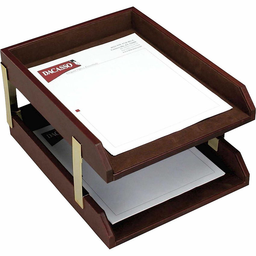 Dacasso Double Front Load Letter / Legal Trays 2" Height x 10.50" Width x 13.75" Length - Desktop - Mocha - Leather - 1 Each (A3020)