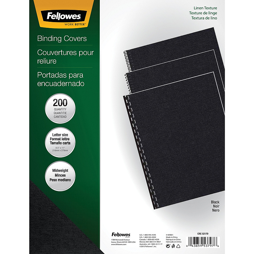 Fellowes Expressions Linen Presentation Covers 11" Height x 8.5" Width x 0.1" Depth - For Letter 8 1/2" x 11" Sheet - Rectangular - Black - Linen - 200 / Pack (5217001)