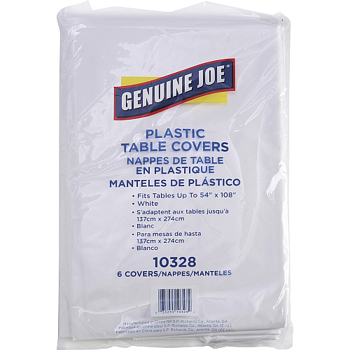 Genuine Joe Plastic Rectangular Table Covers 108" Length x 54" Width - Plastic - White - 6 / Pack (GJO10328)