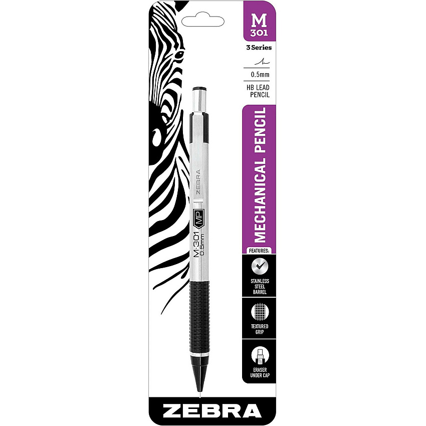 Zebra STEEL 3 Series M-301 Mechanical Pencil 0.5 mm Lead - Refillable - Silver Stainless Steel, Black Barrel - 1 Each (54011)