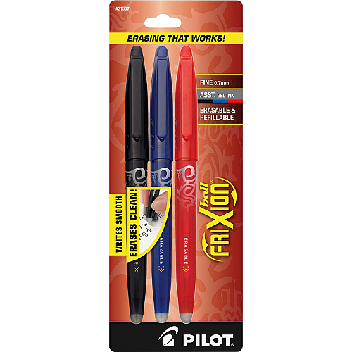 Pilot FriXion Ball Erasable Gel Pens Fine Pen Point - 0.7 mm Pen Point Size - Black, Blue, Red Gel-based Ink - 3 / Pack (31557)