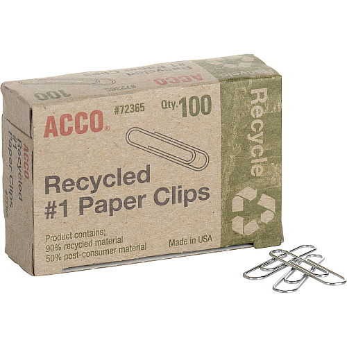 Acco&reg; Recycled Paper Clips, No. 1 Size, 100/Box, 10 Boxes/Pack No. 1 - 1.3" Length - 10 Sheet Capacity - Durable, Reusable - Silver - Metal - 100 / Box (72365)