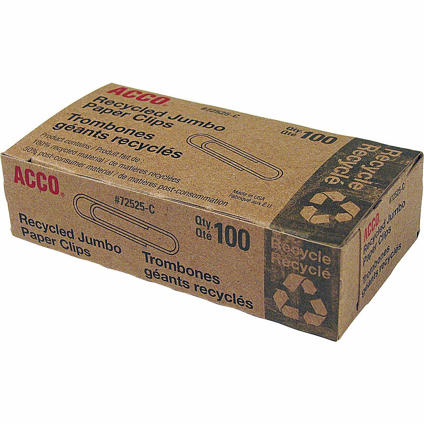 Acco&reg; Recycled Paper Clips, Jumbo, 100/Box, 10 Boxes/Pack Jumbo - 1.6" Length - 20 Sheet Capacity - Reusable, Durable - Silver - Metal - 100 / Box (72525)