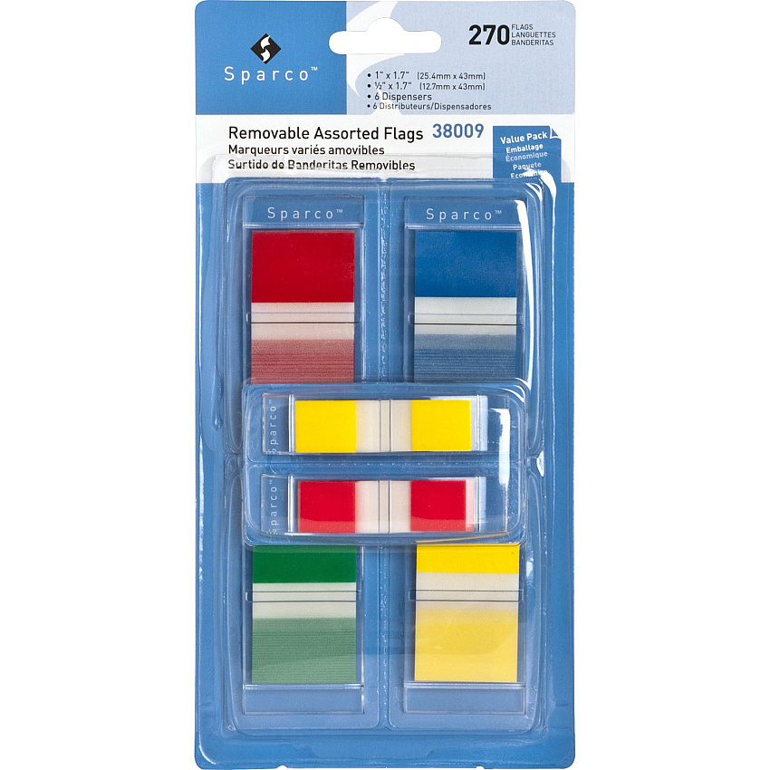 Sparco Removable Flags Combo Pack 1" Flag/Note Width, 1/2" Flag/Note Width - Rectangle - Assorted - Self-adhesive - Dispenser Included - 270 / Pack (38009)
