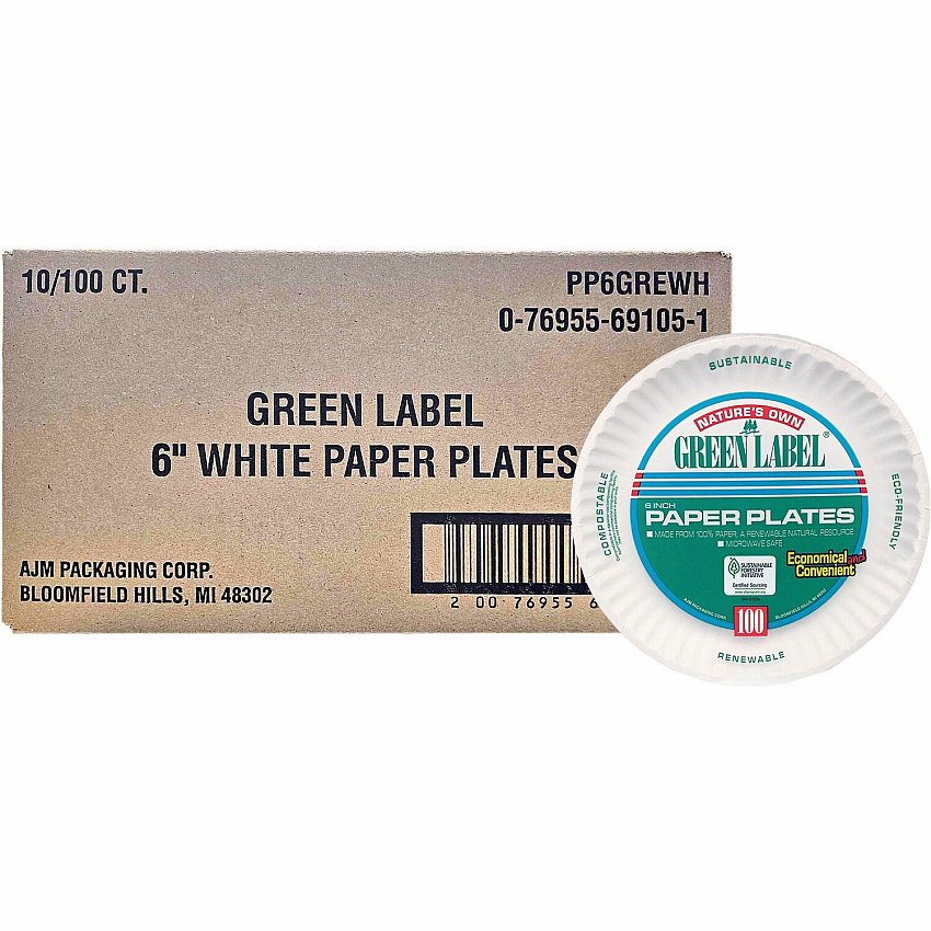 AJM 6" Green Label Economy Paper Plates Microwave Safe - 6" Diameter - White - Paper Body - 100/Bag - 10 / Carton (PP6GRE)