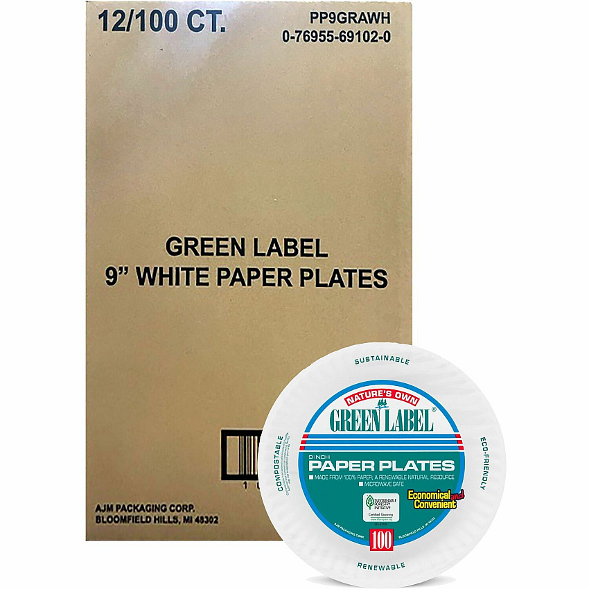 AJM 9" Green Label Economy Paper Plates Microwave Safe - 9" Diameter - White - Paper Body - 100/Bag - 12 / Carton (PP9GRA)