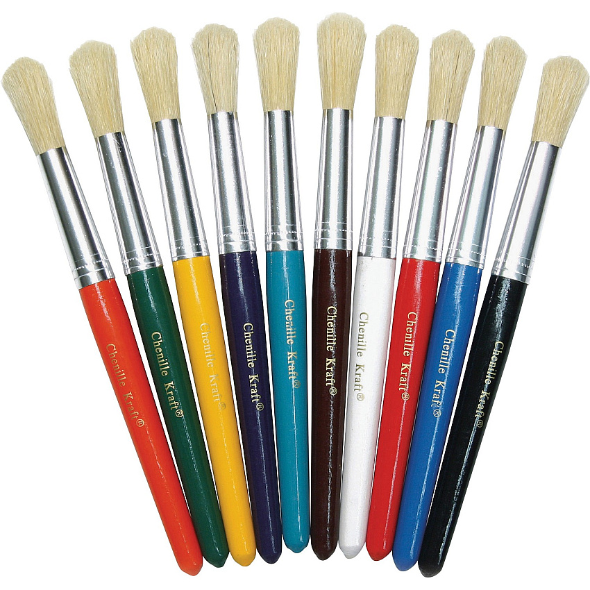 Creativity Street Round Natural Bristle Brushes 7.50" Plastic Handle - Aluminum Ferrule - 10 / Set (5183)