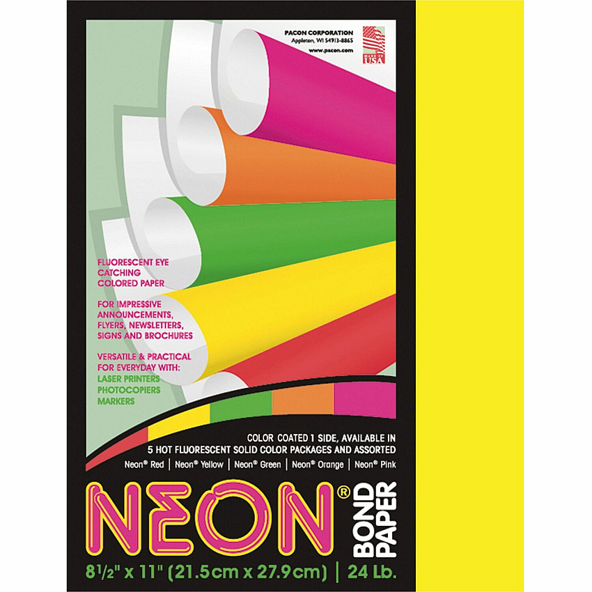 Pacon Neon Multipurpose Paper - Yellow Letter - 8 1/2" x 11" - 24 lb Basis Weight - Sustainable Forestry Initiative (SFI) - Neon Yellow - 100 / Pack (104316)