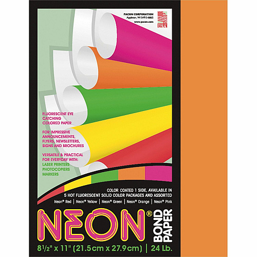Pacon Neon Bond Paper - Orange Letter - 8 1/2" x 11" - 24 lb Basis Weight - Sustainable Forestry Initiative (SFI) - Neon Orange - 100 / Pack (104318)