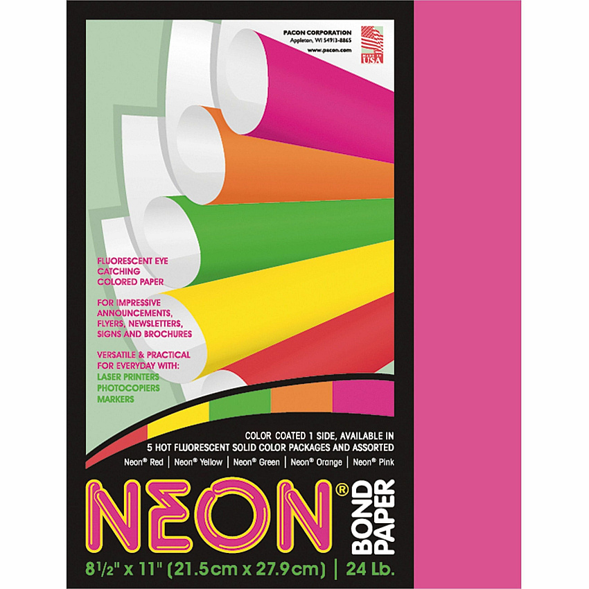 Pacon Neon Multipurpose Paper - Pink Letter - 8 1/2" x 11" - 24 lb Basis Weight - Sustainable Forestry Initiative (SFI) - Neon Pink - 100 / Pack (104319)