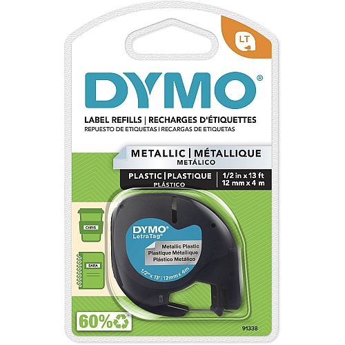 Dymo LetraTag Label Maker Tape Cartridge 1/2" Width - Direct Thermal - Silver - 1 Each (91338)