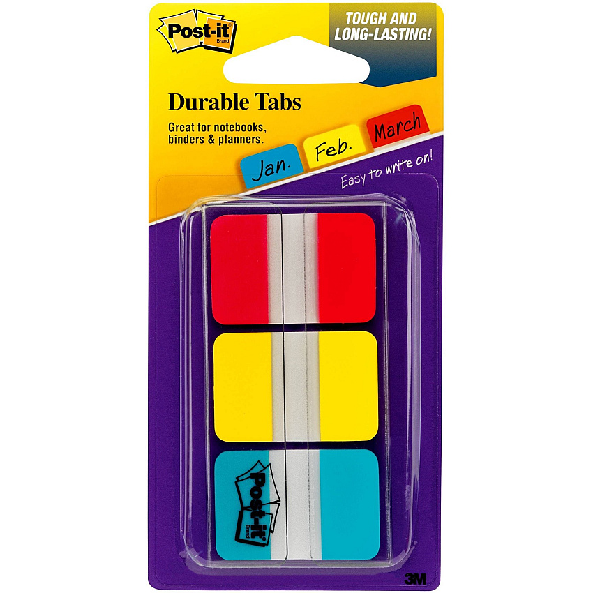 Post-it&reg; Durable Tabs 36 Write-on Tab(s) - 1.50" Tab Height x 1" Tab Width - Red, Yellow, Blue Tab(s) - Wear Resistant, Tear Resistant, Repositionable - 36 / Pack (686RYBT)