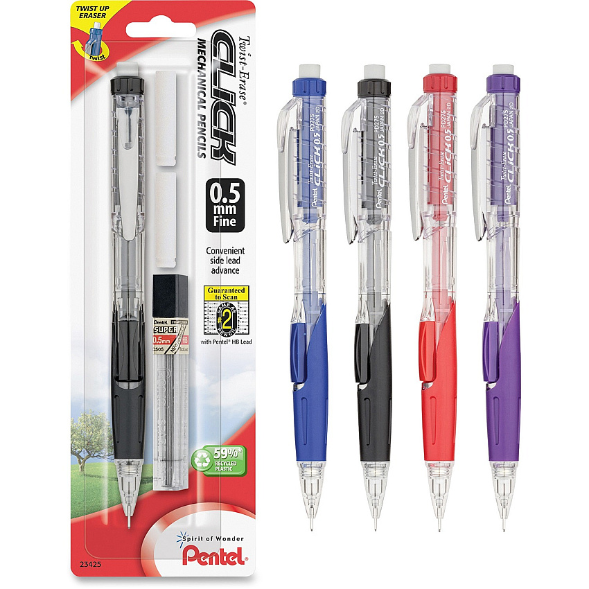Pentel .5mm Twist Erase Click Mechanical Pencils 0.5 mm Lead - #2 - Refillable - Transparent Barrel - 1 / Pack (PD275TLEBP)