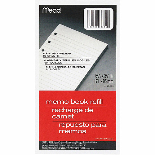 Mead Memo Book Refill Pages 80 Sheets - 3 3/4" x 6 3/4" Sheet Size - White Paper - Assorted Cover - 1 Each (46534)