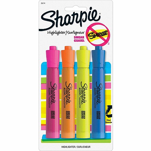 Sharpie Tank Style Accent Highlighters Chisel Marker Point - Yellow, Orange, Pink, Blue Ink - 4 / Pack (25174PP)