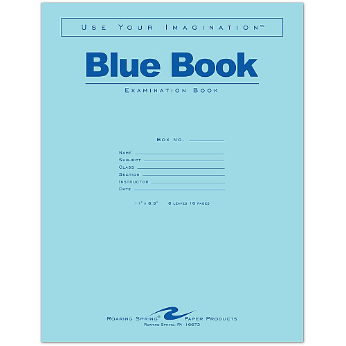 Roaring Spring 8 - sheet Blue Examination Book - Letter 8 Sheets - 16 Pages - Stapled - Red Margin - 15 lb Basis Weight - Letter - 8 1/2" x 11" Sheet Size - White Paper - Blue Cover - 50 / Pack (77517)