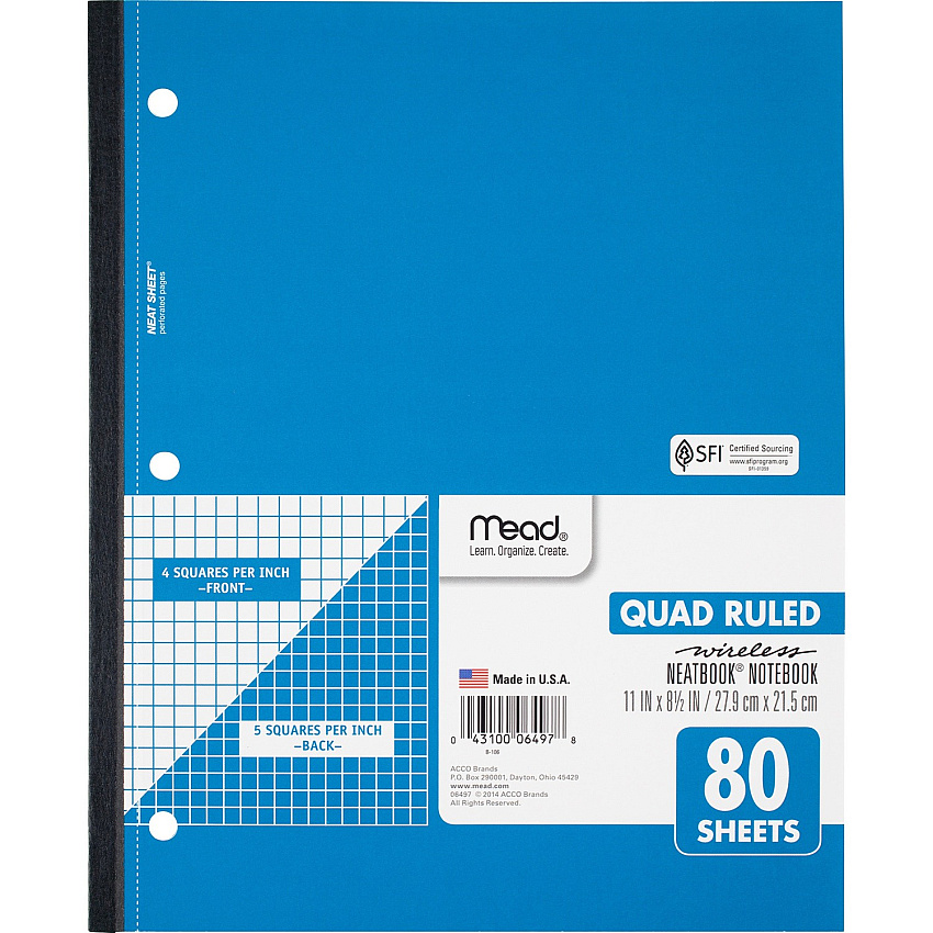 Mead Quad Wireless Neatbook Notebook - Letter 1 Subject(s) - 80 Sheets - 160 Pages - Perfect Bound - Both Side Ruling Surface - 3 Hole(s) - Letter - 8 1/2" x 11" Sheet Size - 11" Height x 9" Width x 0.3" Depth - White Paper - Perforated, Undated,  (06497)